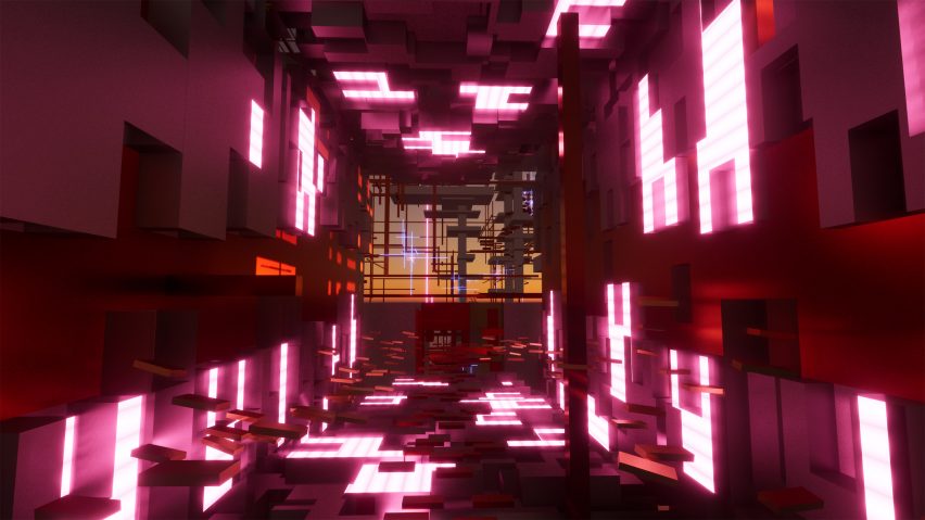 VR cuboid space with pink square lights by CRID student