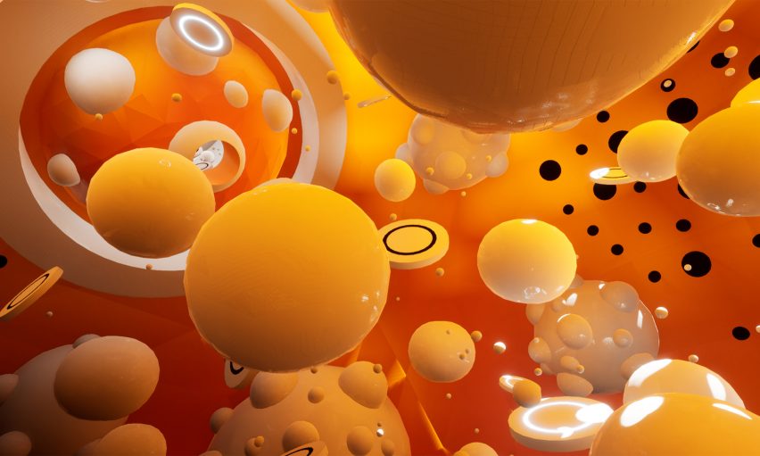 Orange VR space with light orange spheres by student at CRID