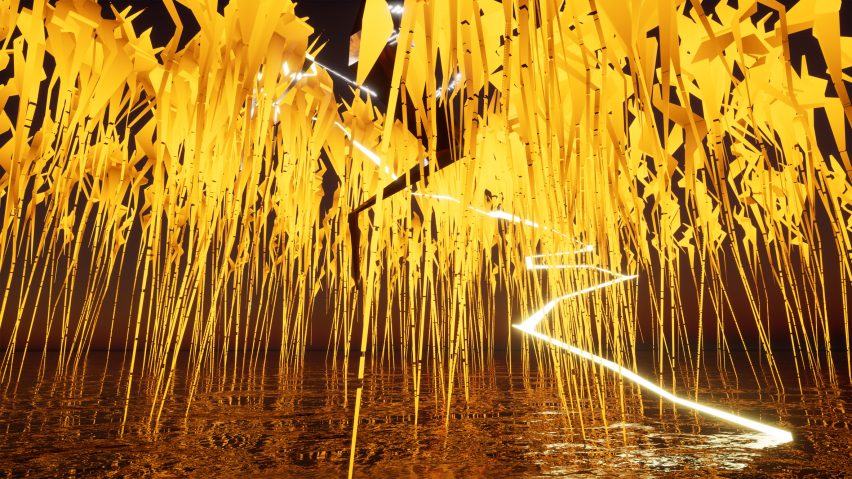 VR space design with a reflective water floor and tall yellow spike growths