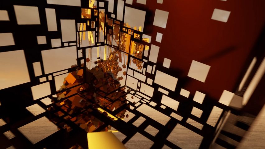 Space Cube VR with square cutouts at staggered points along the wall and floor