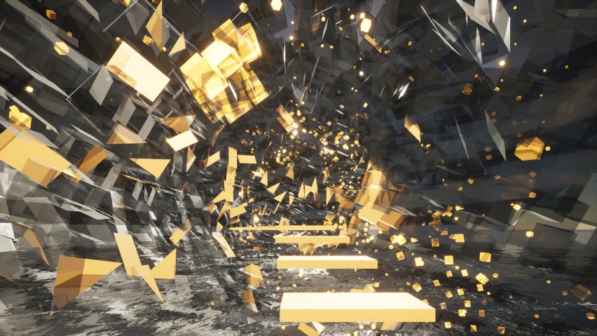 VR space design with shard-like reflective metal surfaces by a CRID student