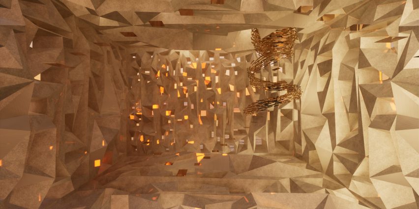 A cube VR room with faceted gold walls by a student at CRID
