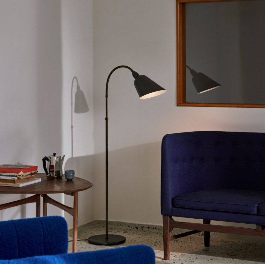 Steel grey Bellevue floor lamp in a cream living room with blue sofas