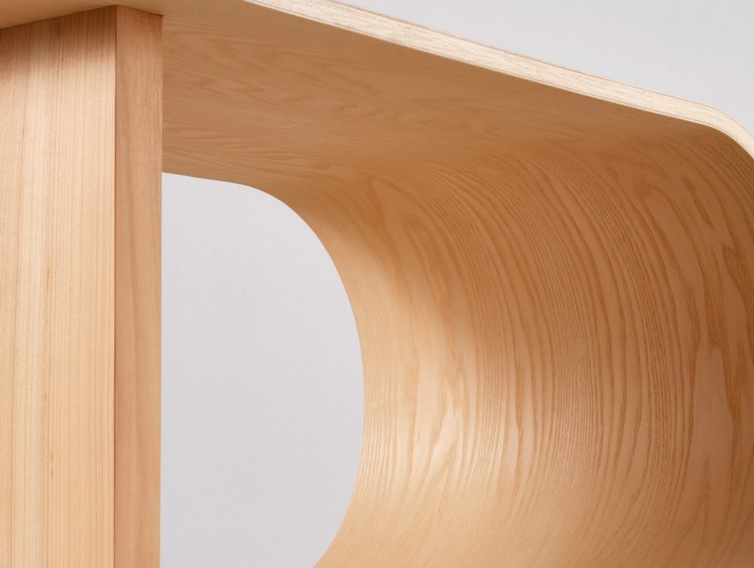Photograph showing detail of curved ash wood veneer