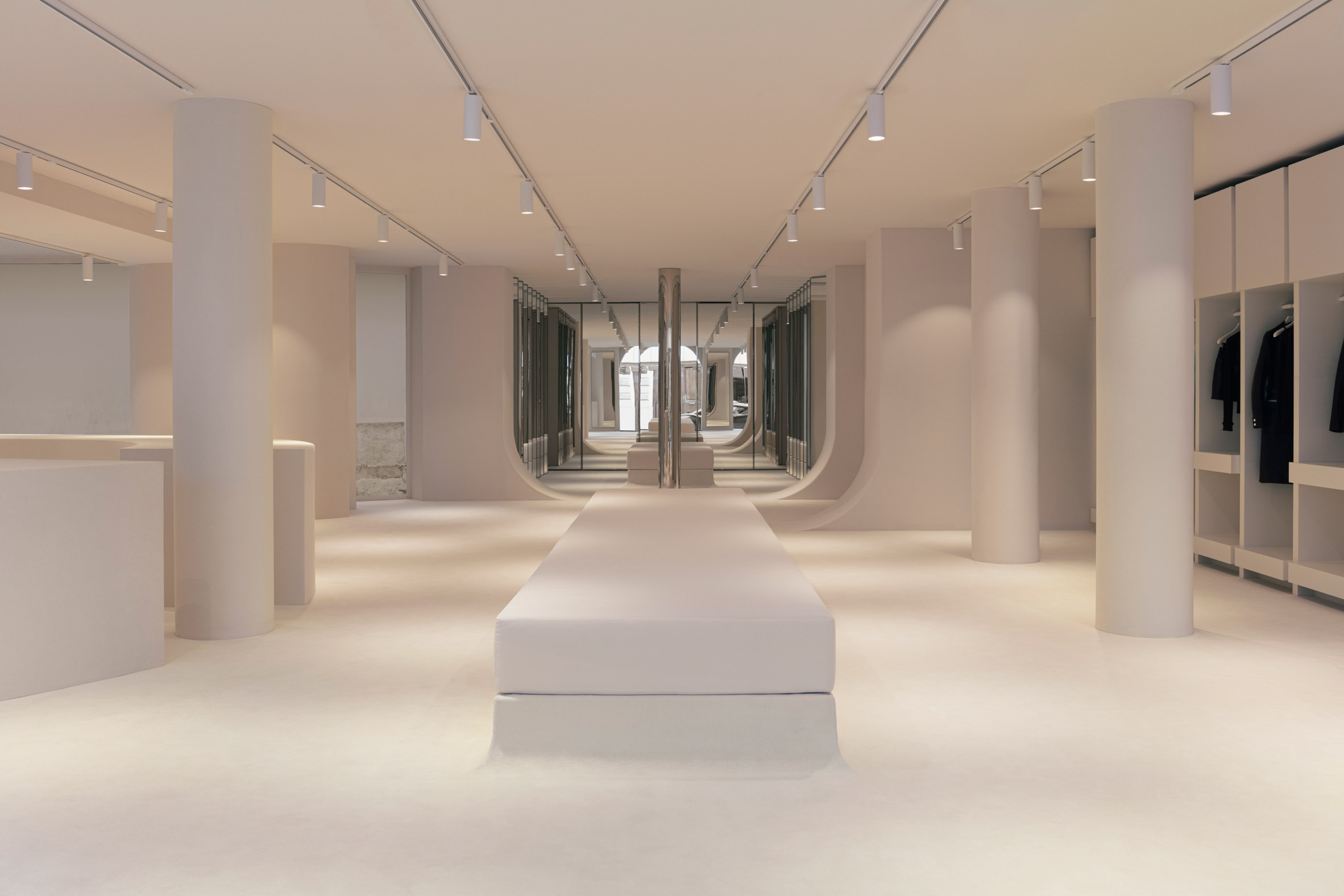 Interior image of the beige-hued Courrèges store