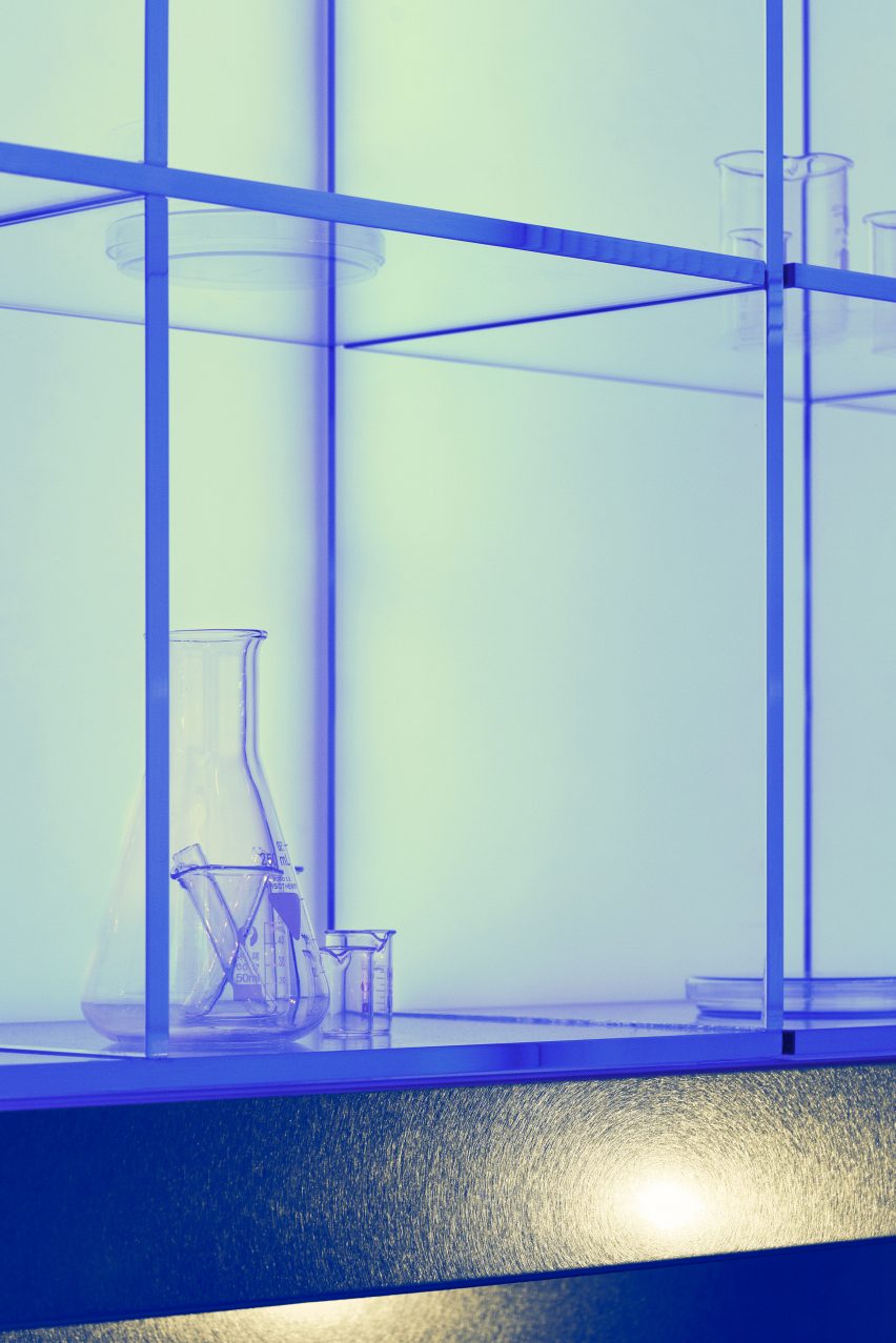 The Biotherm concept store in Monaco has blue interiors with details inspired by science laboratories