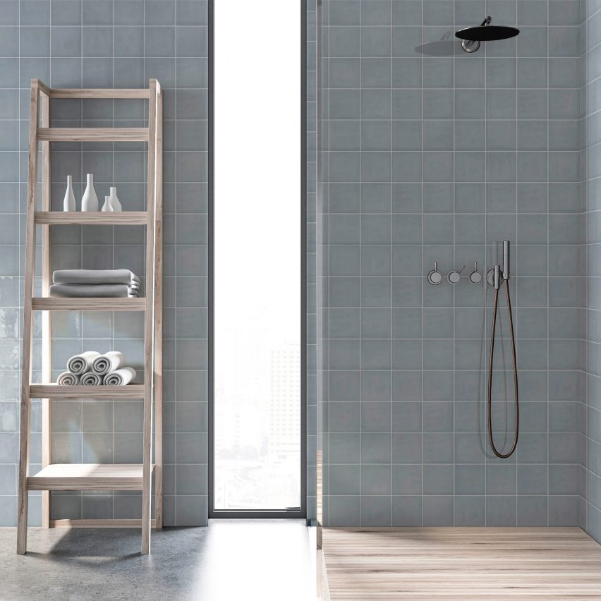 Pale blue Borriana wall tiles in a bathroom and wet shower area