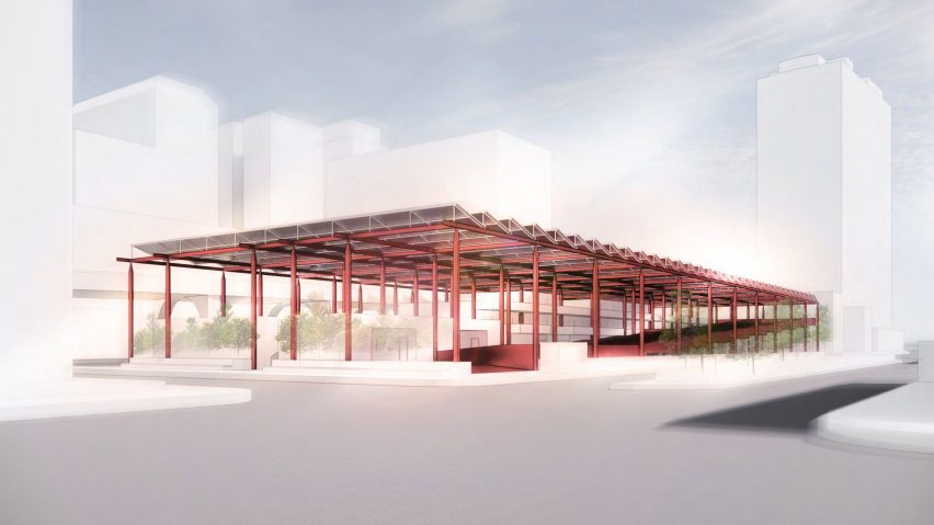 Render of an outdoor red steel market structure