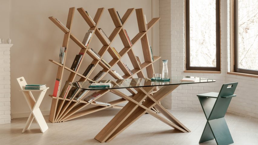Cheft interlocking wooden bookcase by Studio Pousti in a living space with a matching table