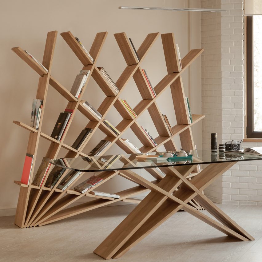 Cheft interlocking wooden bookcase by Studio Pousti in a living space with a matching table