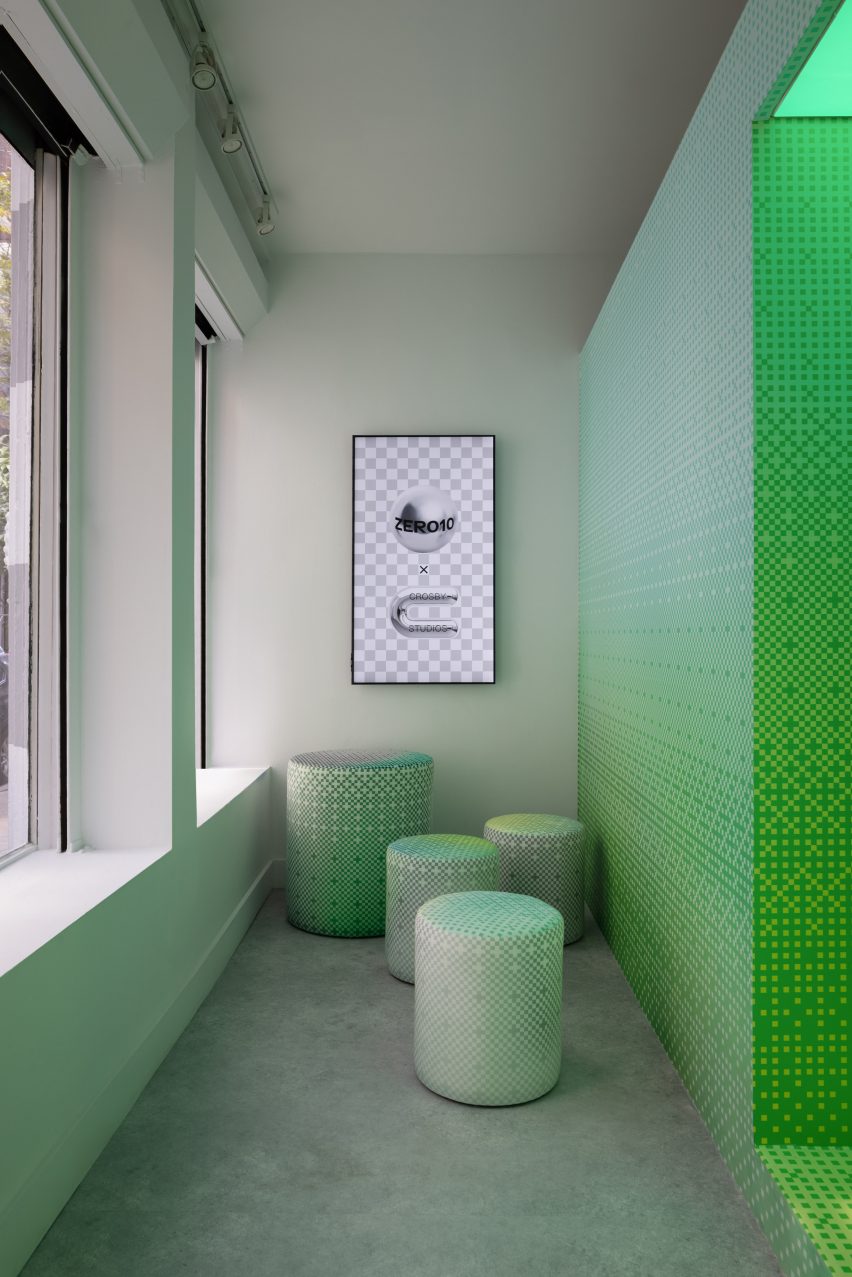 Stools and wallpaper with pixel print