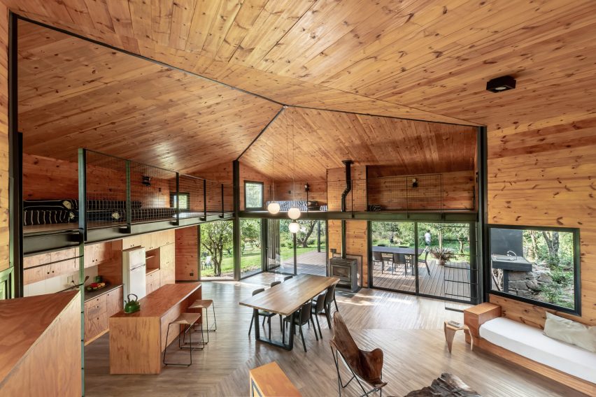 Triangular shapes on timber-lined ceiling of Argentinian retreat