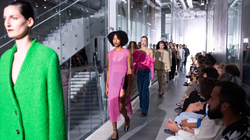 Models are pictured walking through the MVRDV-designed building at the Francon show