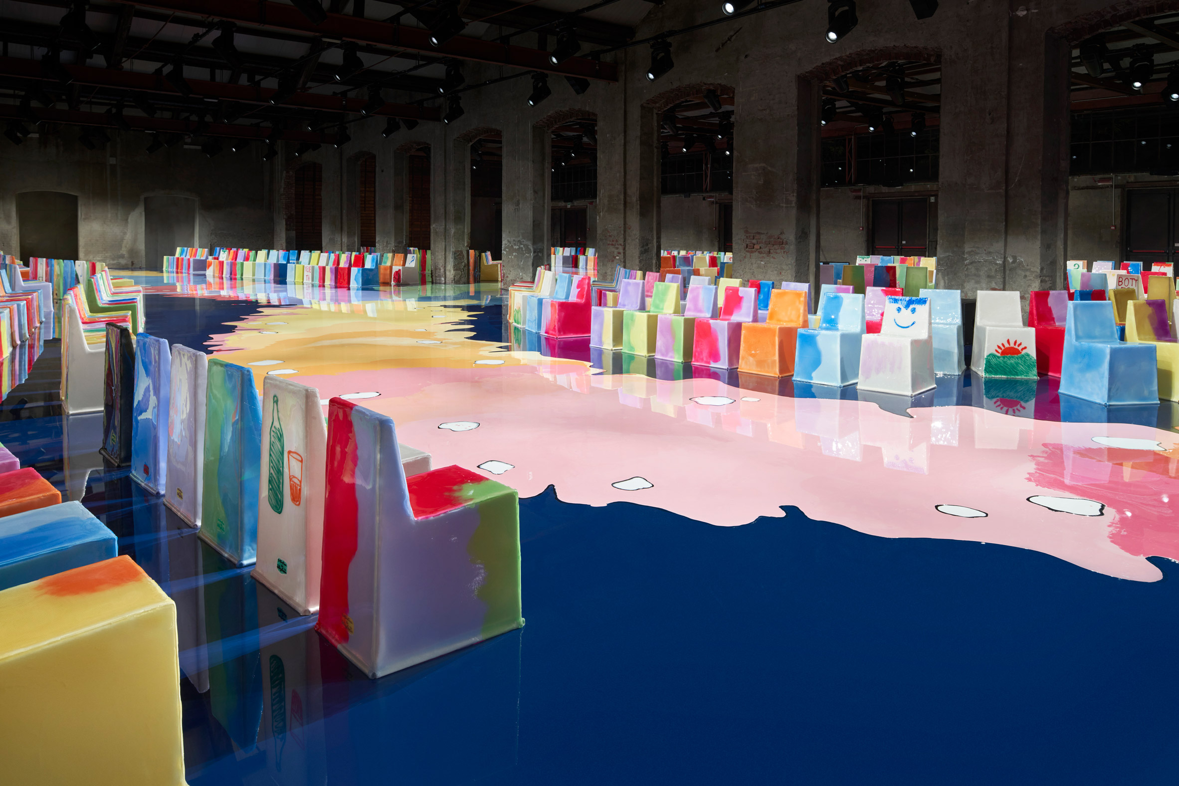 Image of the set at Bottega Veneta Spring Summer 2023 which was designed by Geatano Pesce