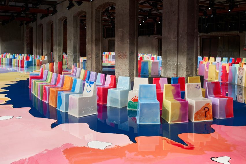 Image of colourful chairs at the Geatano Pesce-designed set at Bottega Veneta Spring Summer 2023