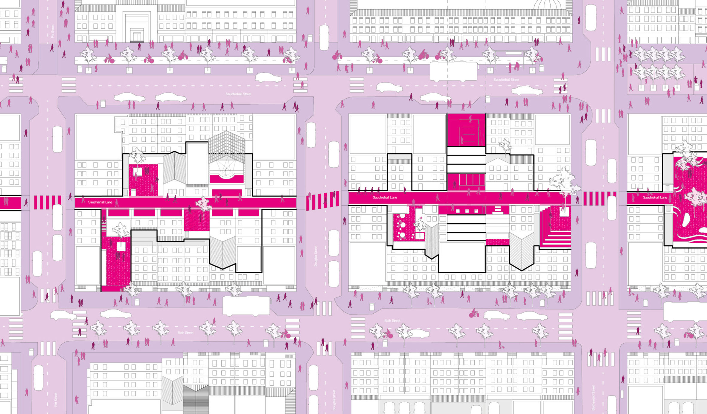 Pink and white grid city plan by a student at Glasgow School of Art
