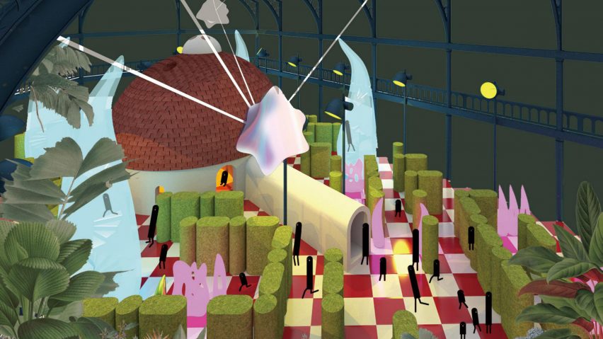 Render of a colourful play space in a warehouse by a student at Glasgow School of Art