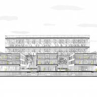 Perspective section drawing of the office building by GRAAM Architecture