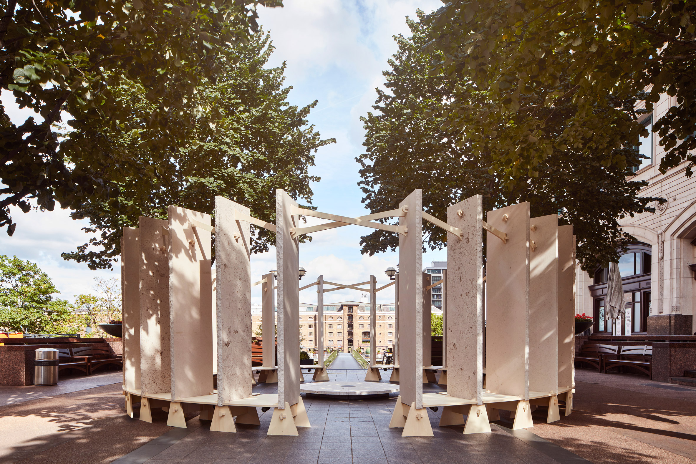 Exterior view of Henge installation in Canary Wharf