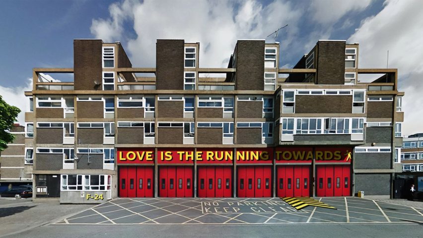 Exterior of Shoreditch Fire Station with bright red shutters