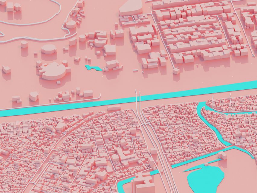 Pink 3D model of a city with blue rivers