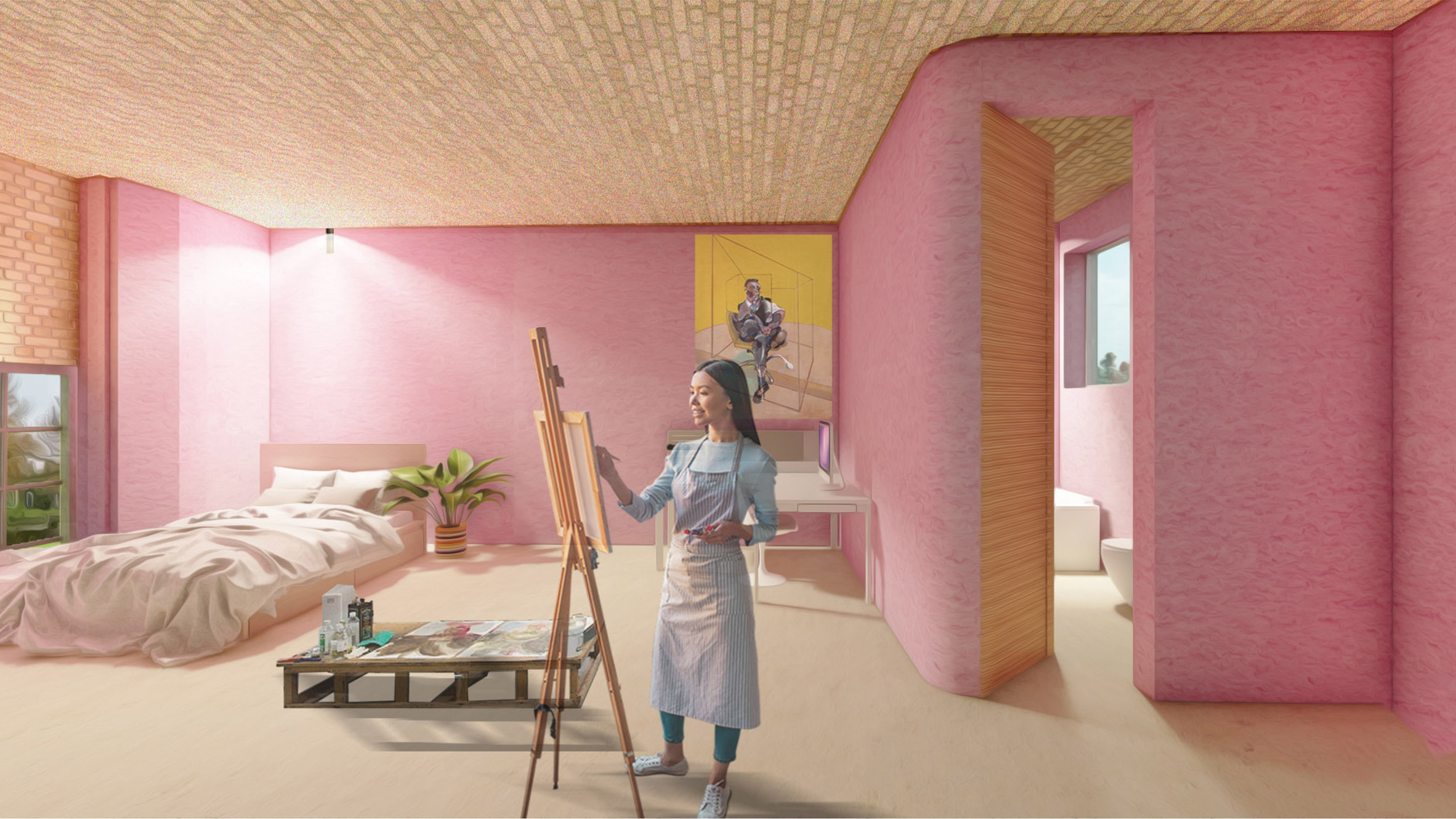 Pink interior bedroom with a person painting on an easel
