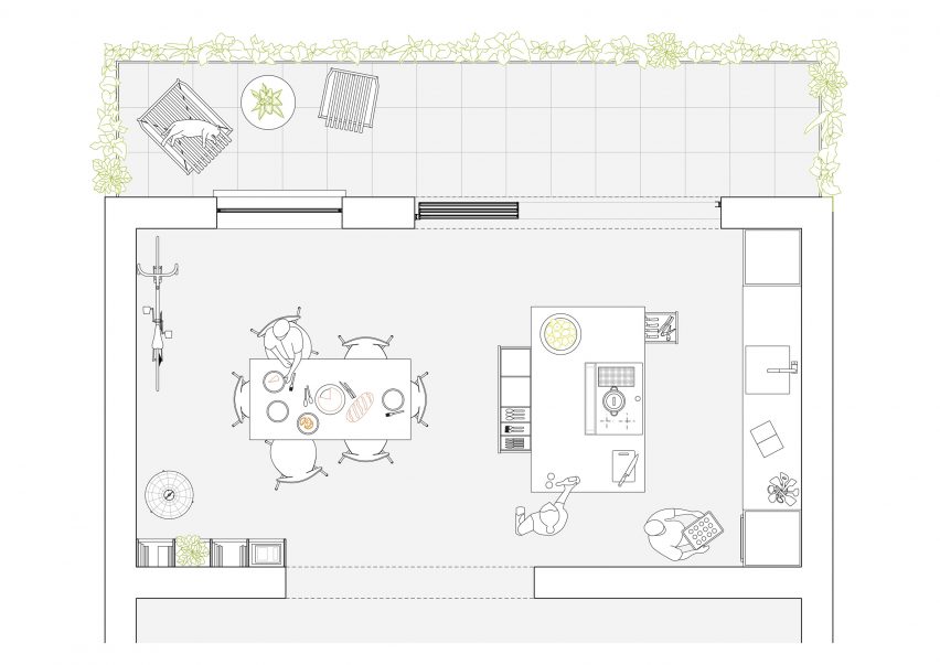 Plan drawing of small kitchen design and balcony by Emil Eve Architects