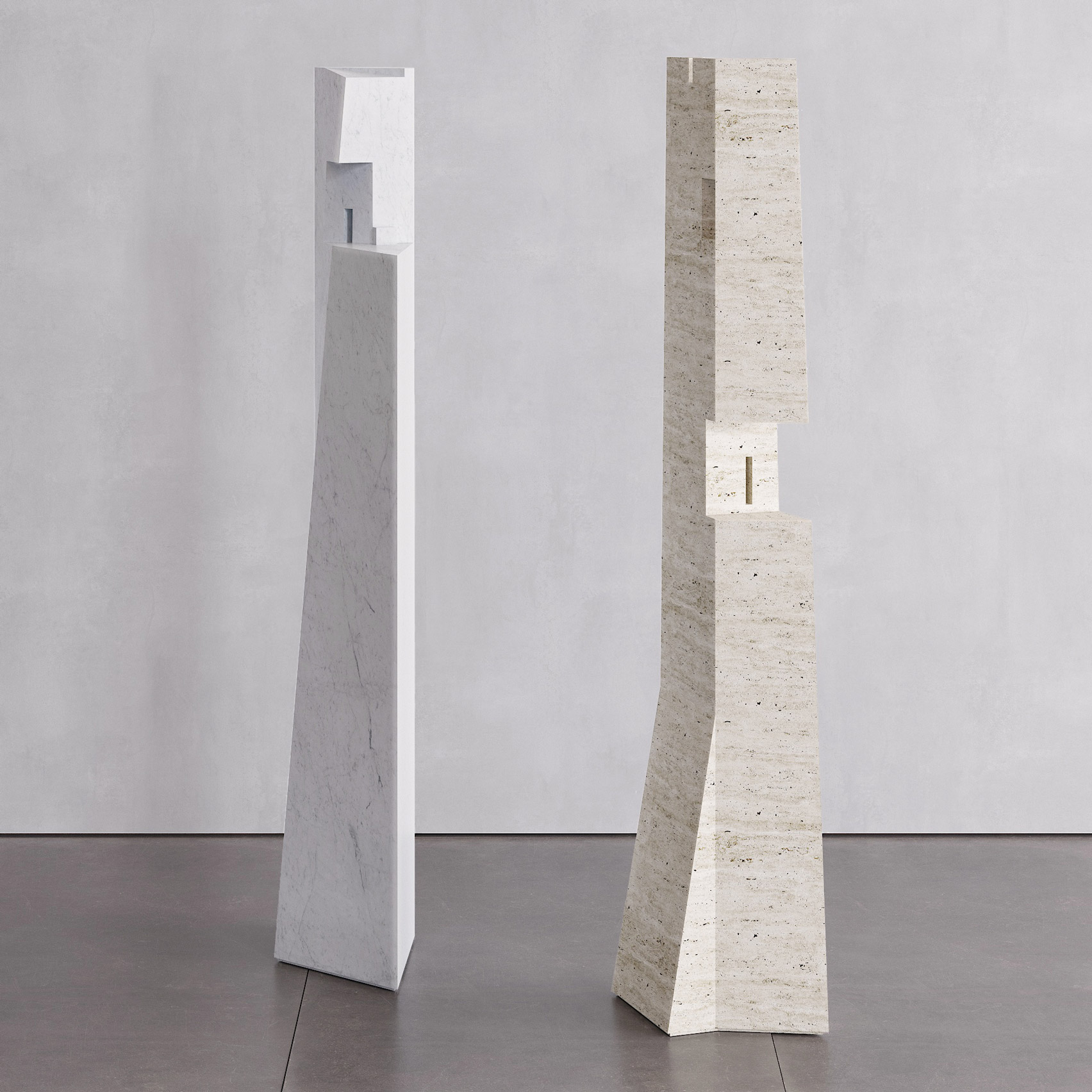 Two totemic pole sculptures at Lake Como Design Festival