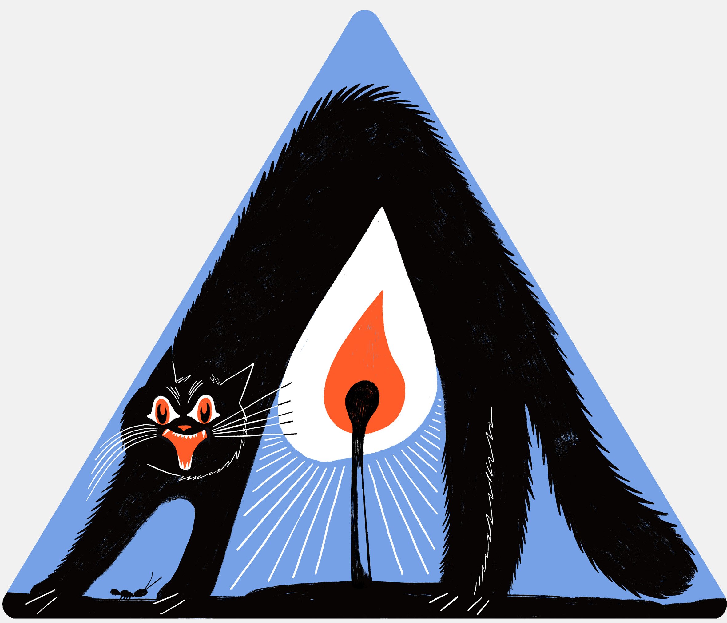 Black cat illustrated on a blue triangle with a lit match