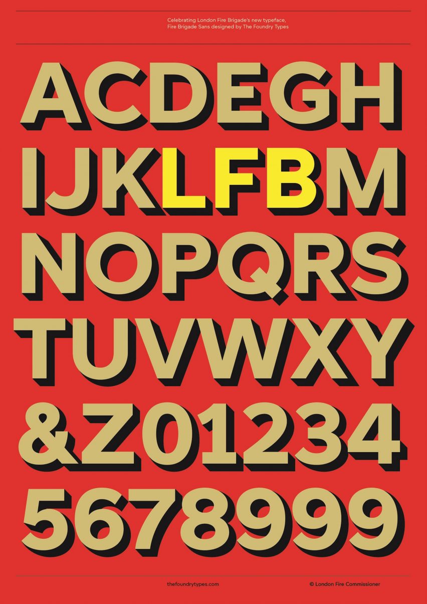 Red poster with the new London Fire Department typeface in gold lettering