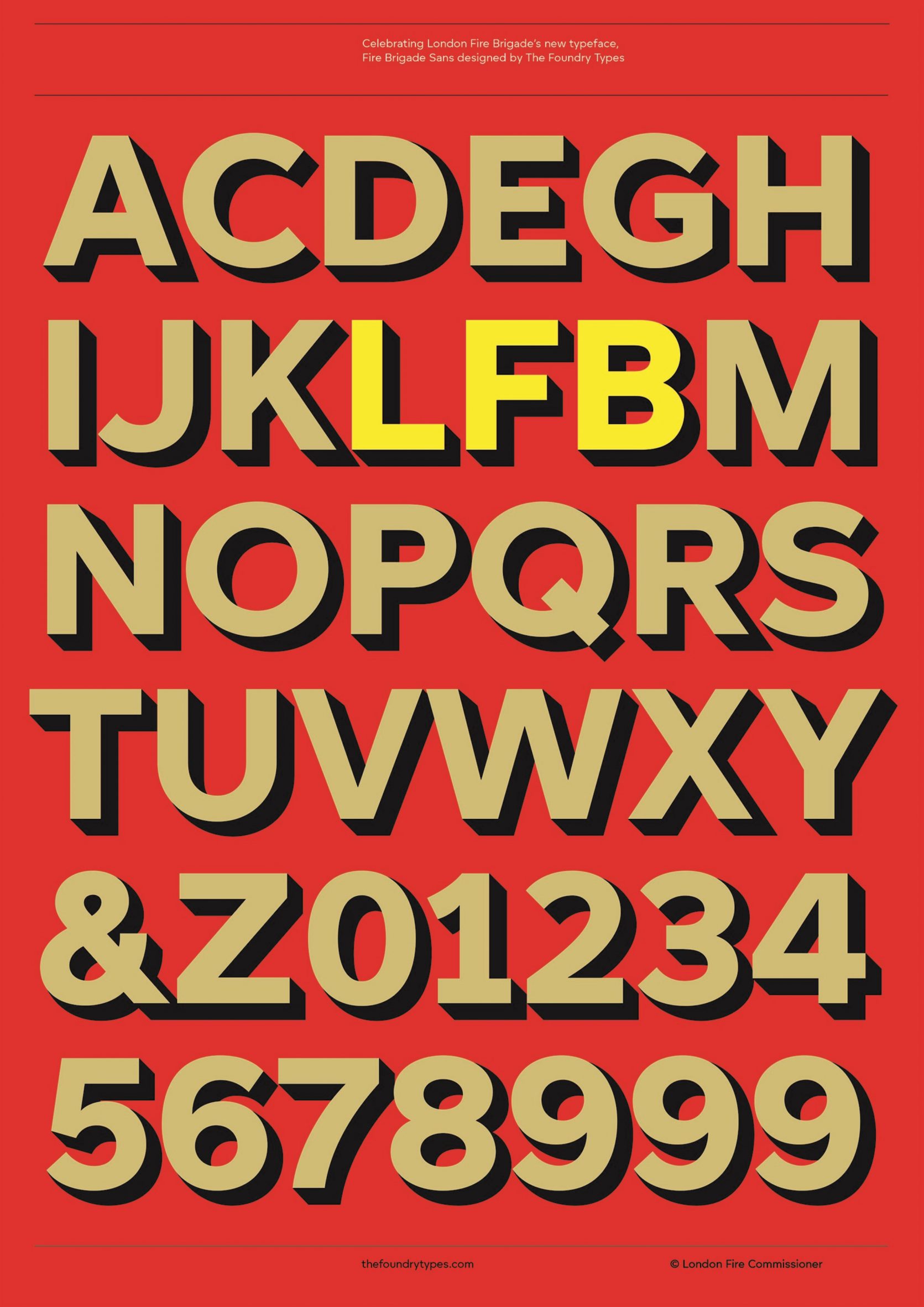 Red poster with London Fire Brigade's new typeface in gold lettering