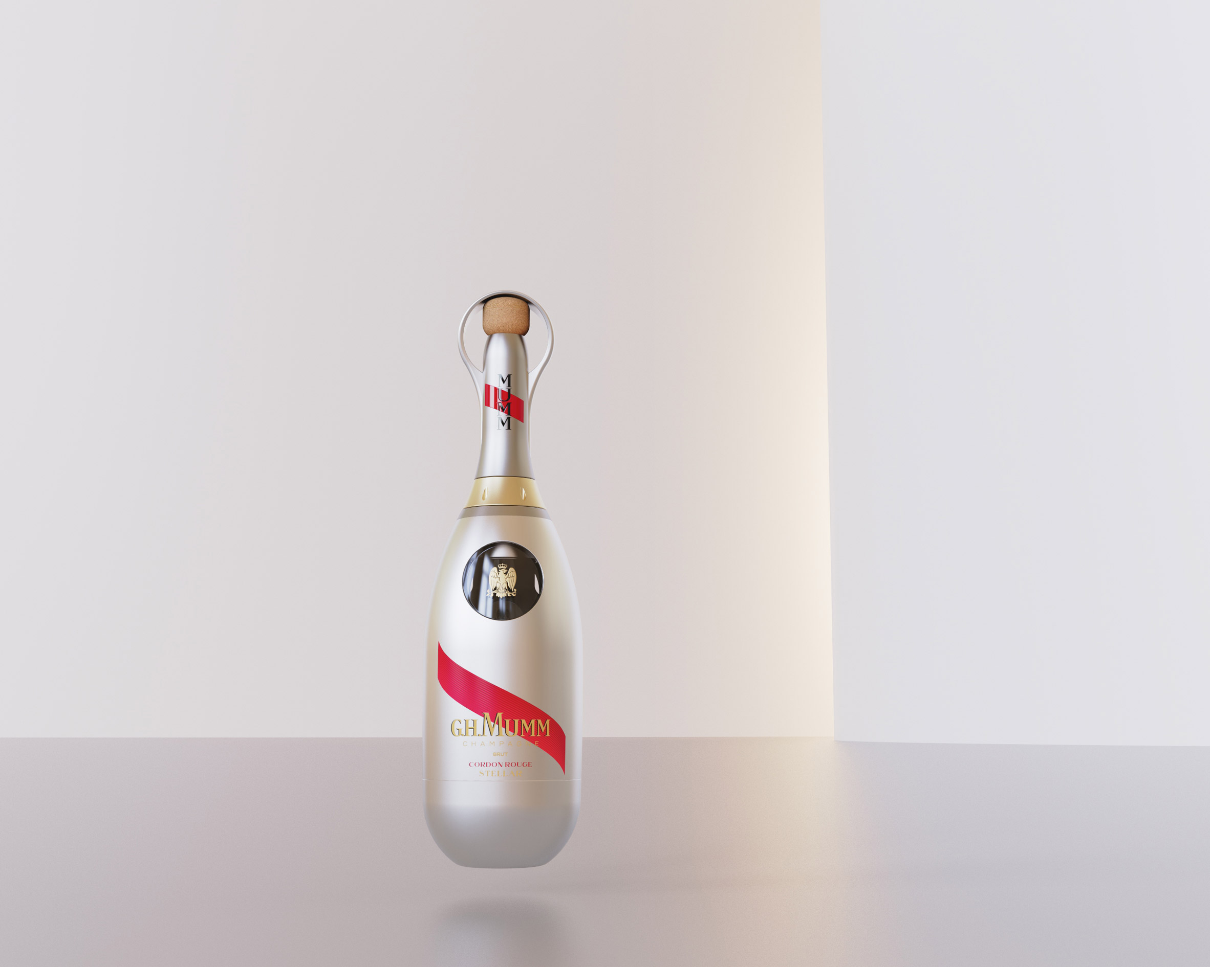 A silver champagne bottle on a pastel background