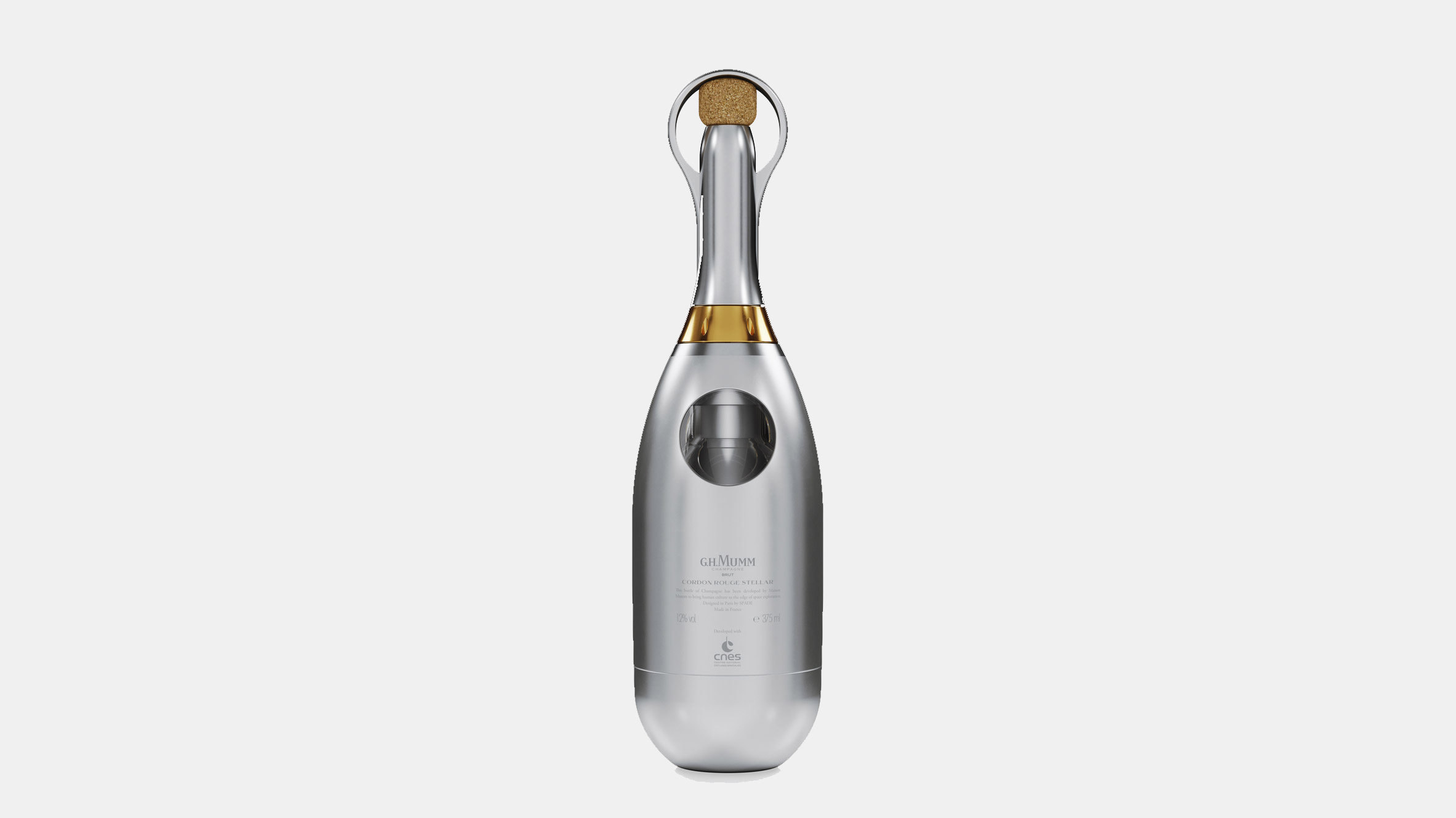 Back of Maison Mumm champagne bottle designed for space