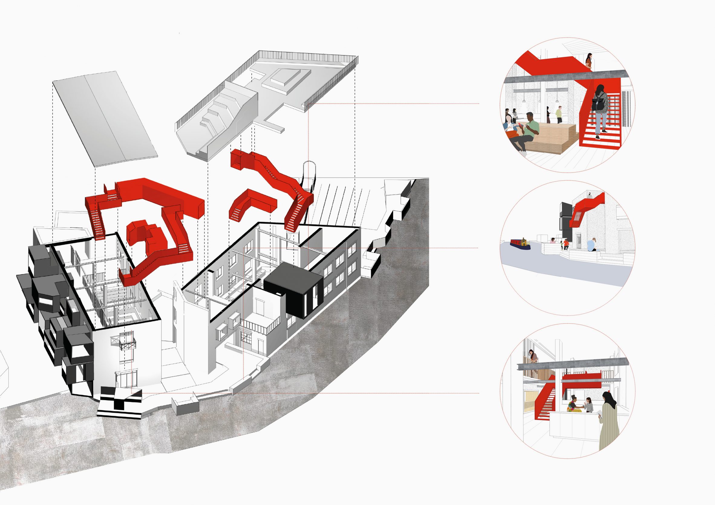 Diagrams and drawings of building with areas highlighted in red