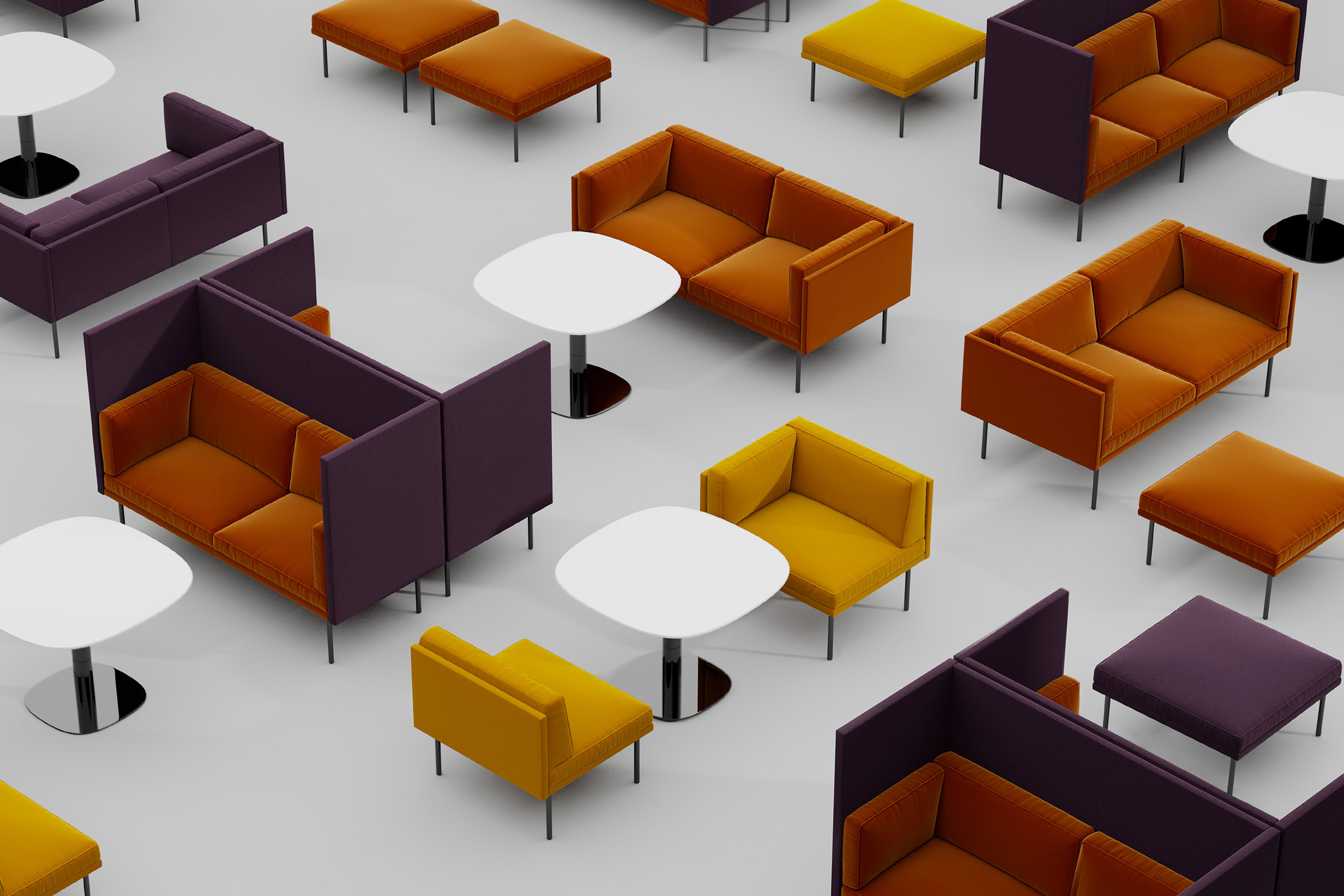 Purple, orange and yellow Mod Furniture collection by HBF