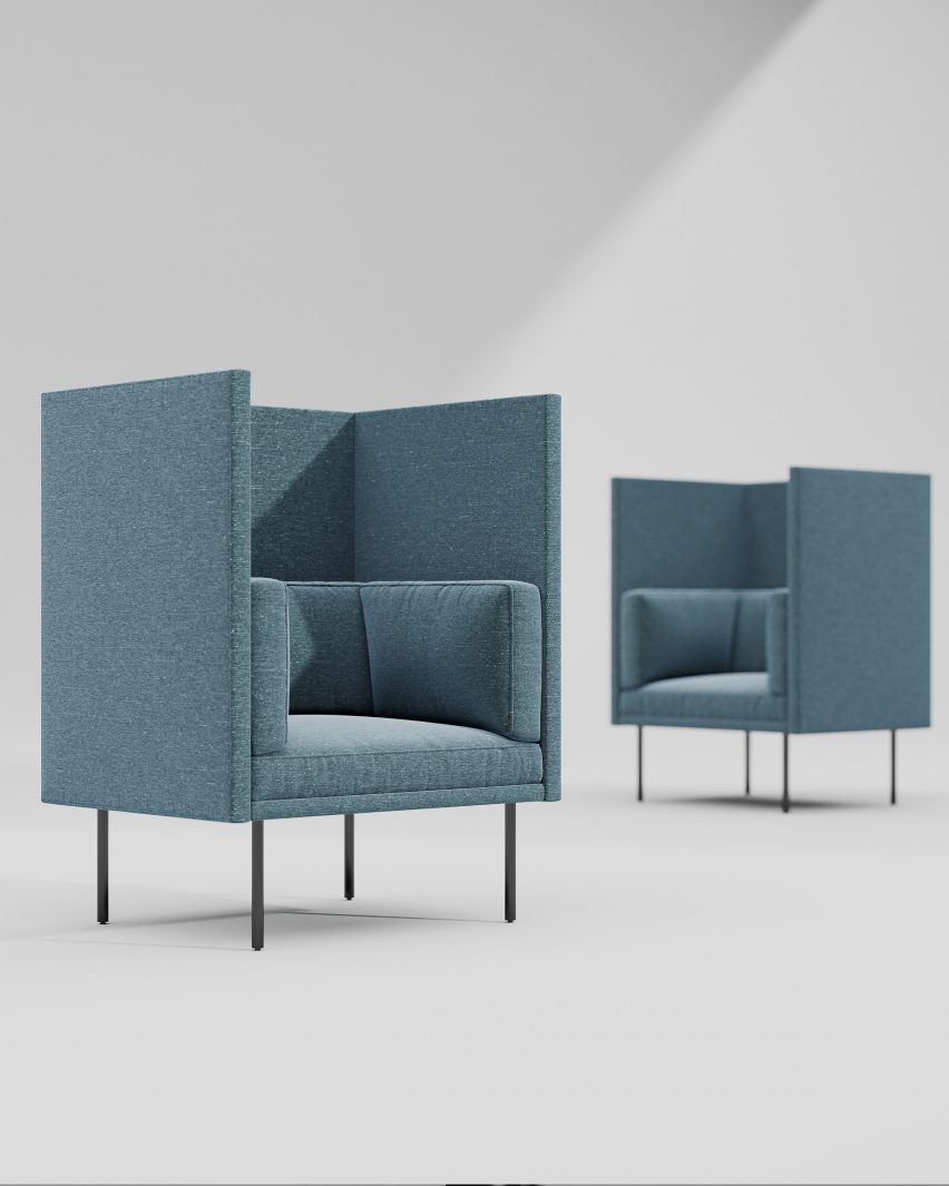 Two blue-grey Mog Highback armchairs