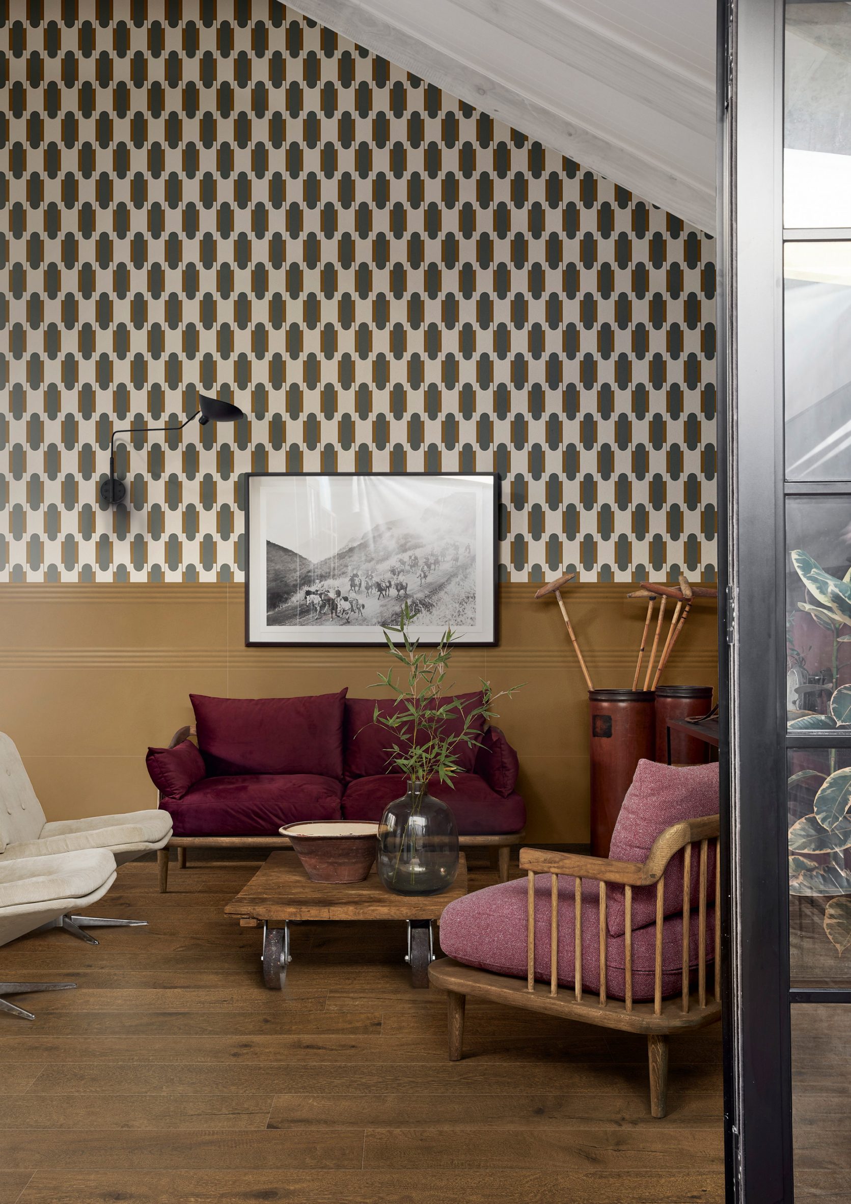 Photograph showing living space with geometric wallpaper