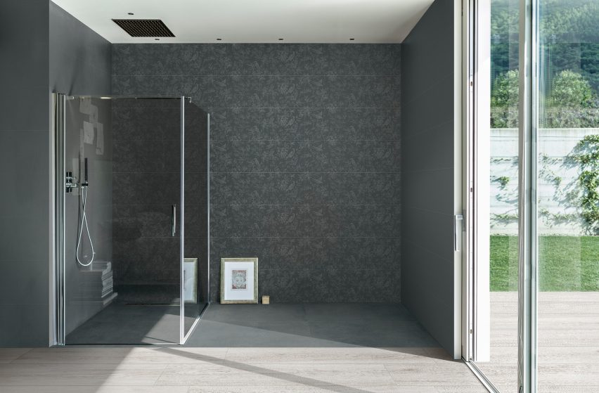Photograph showing shower enclosure with botanical print tiles