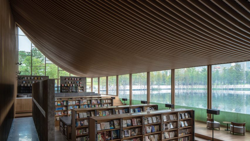 Interior image of the part submerged bookstore