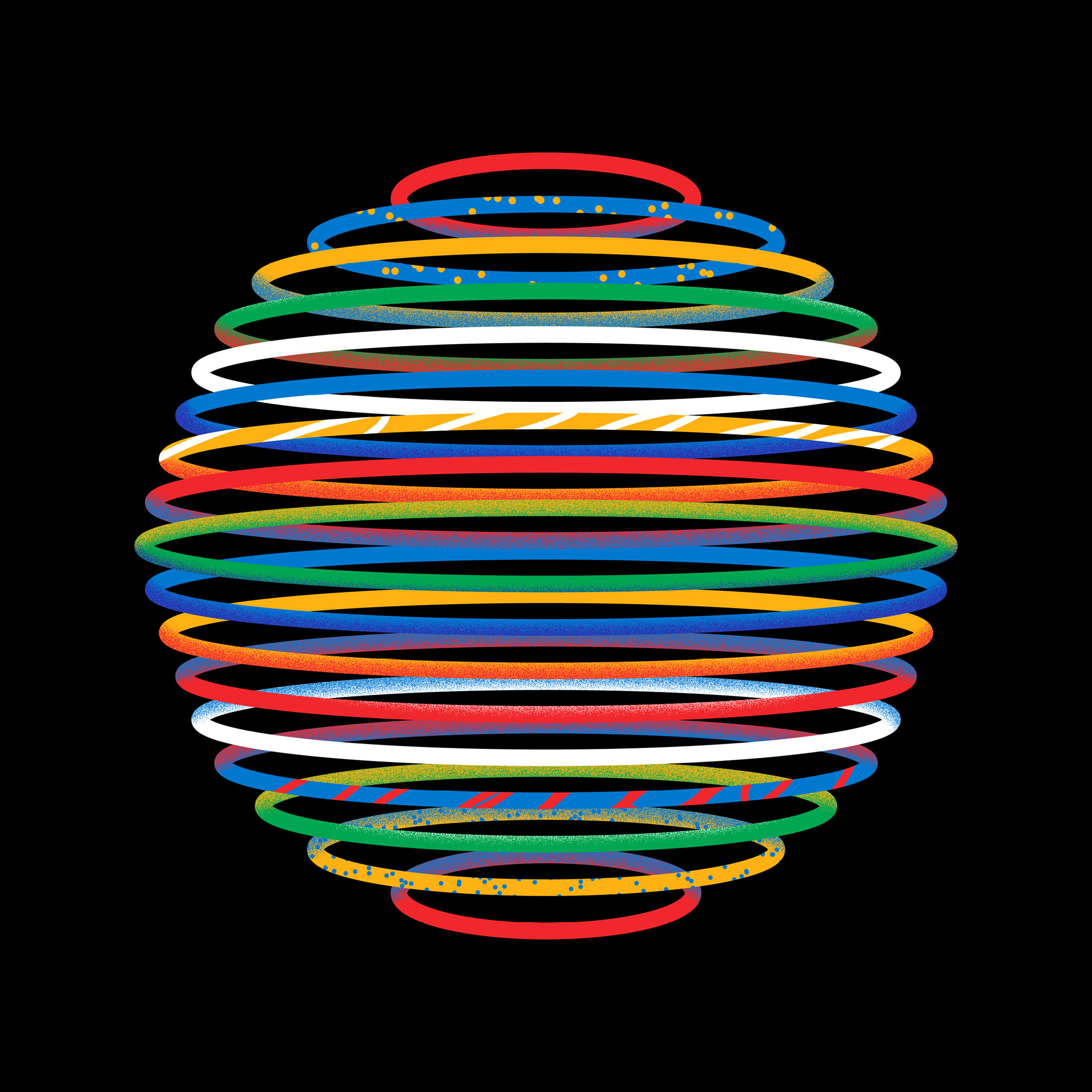 A spherical graphic coloured in the Olympic brand colours