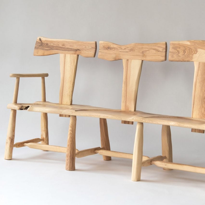 Three-seater ash wood bench by Wilkinson & Rivera for SCP's One Tree exhibition at LDF