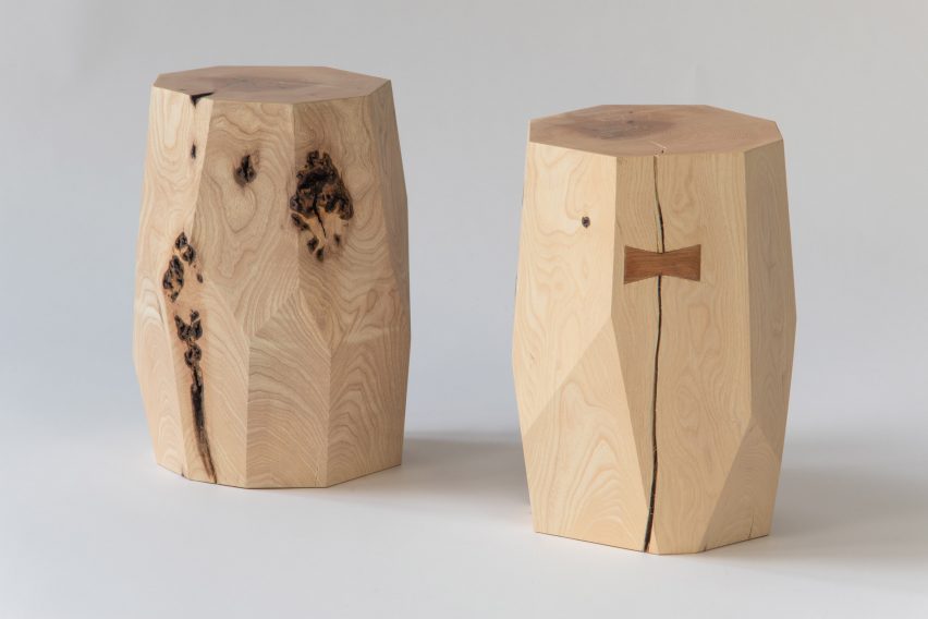 Photograph showing a pair of wooden faceted stools/small tables on a white background for SCP's One Tree exhibition at the LDF