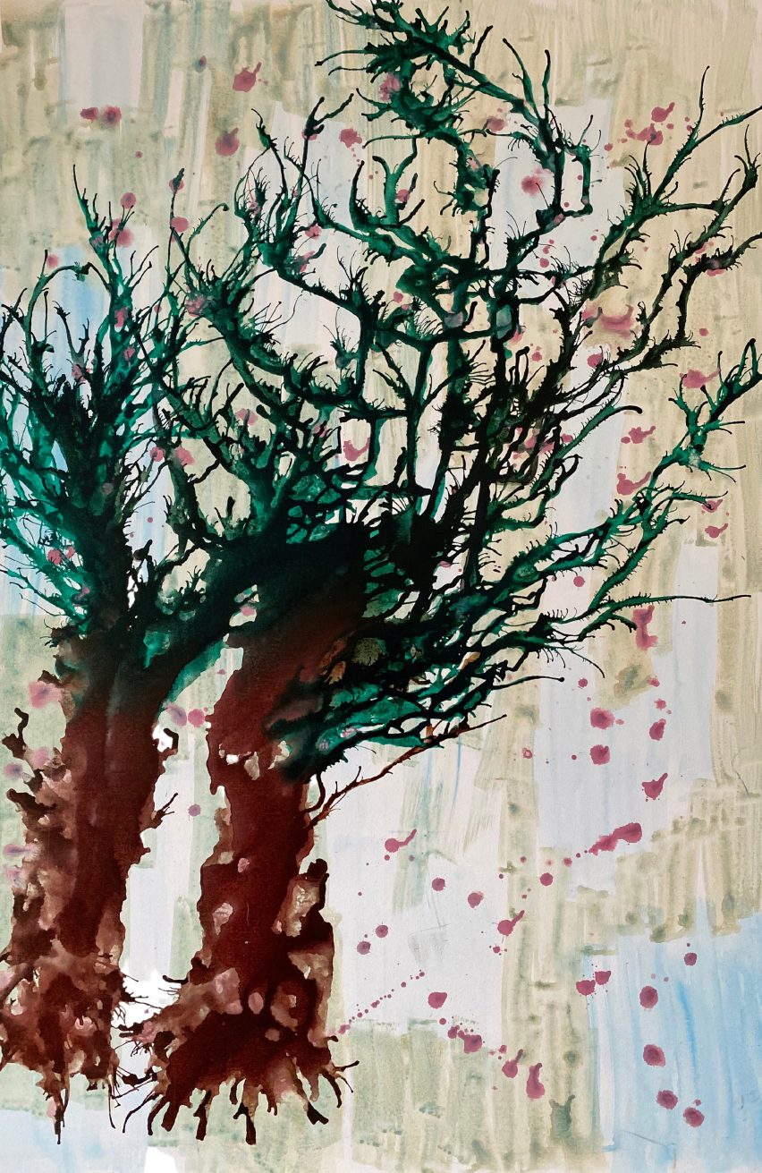 Painting of an abstract tree with pink splatters