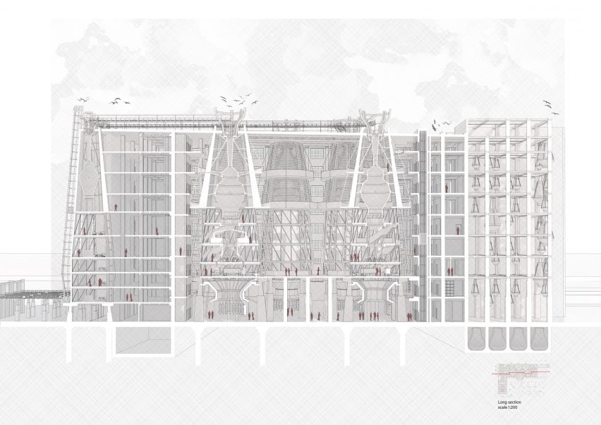 Section of a large mix-used building in grey tones by an architecture student