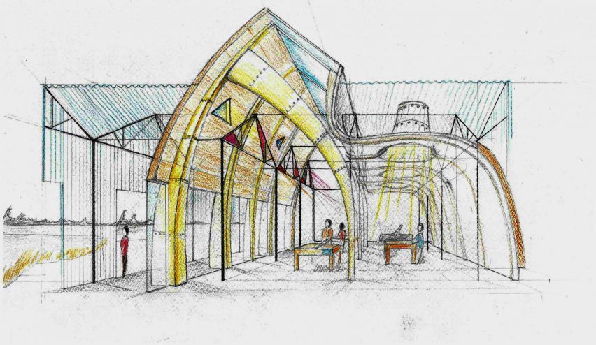 Perspective sketch of a workshop space with a yellow central structure