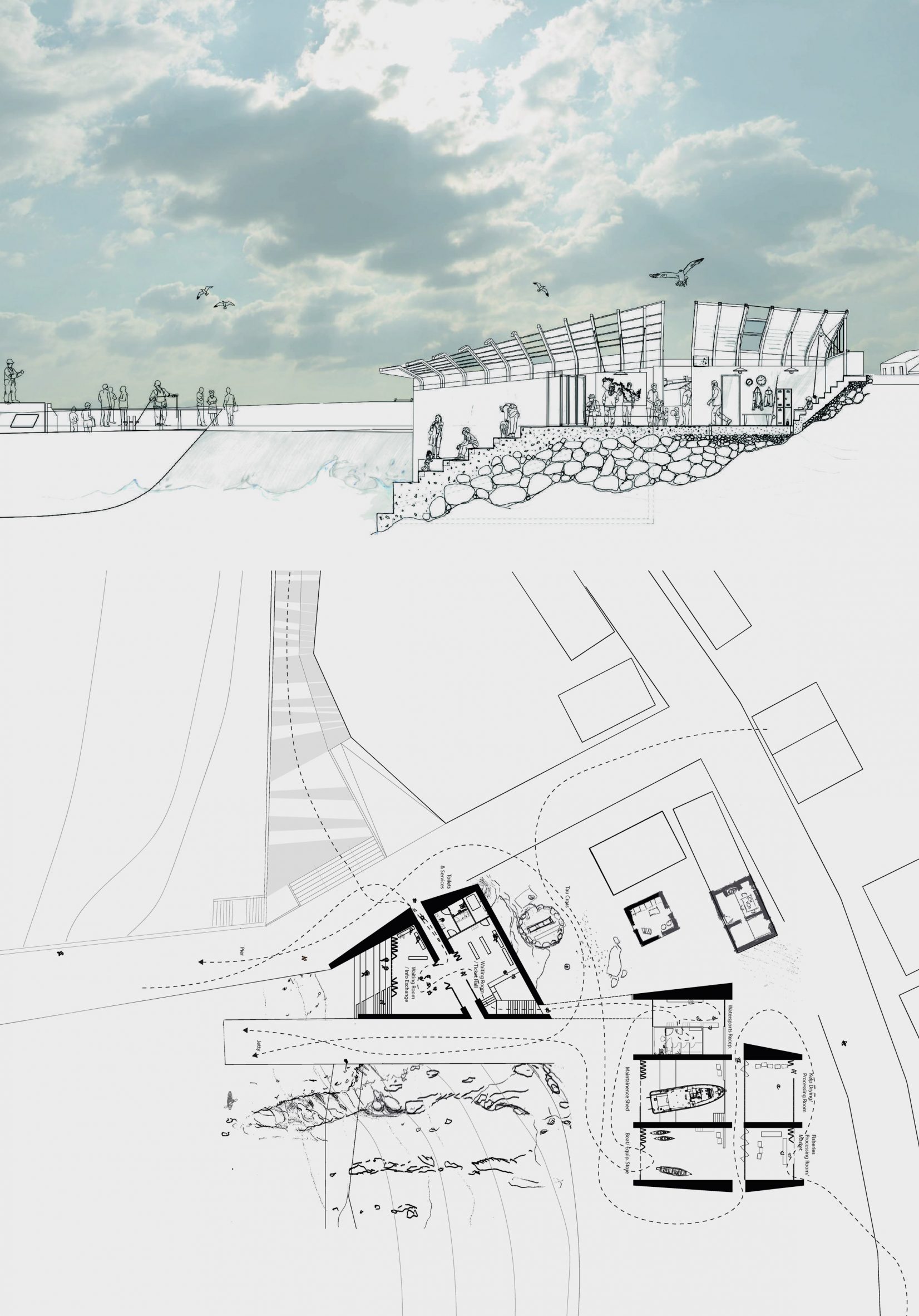 Section of a low-lying building built into the hillside with a site plan below by an architecture student