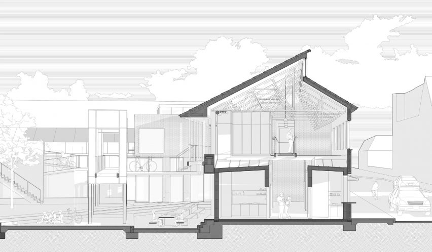 Greyscale perspective section of a pitched roof residential building by an architecture student
