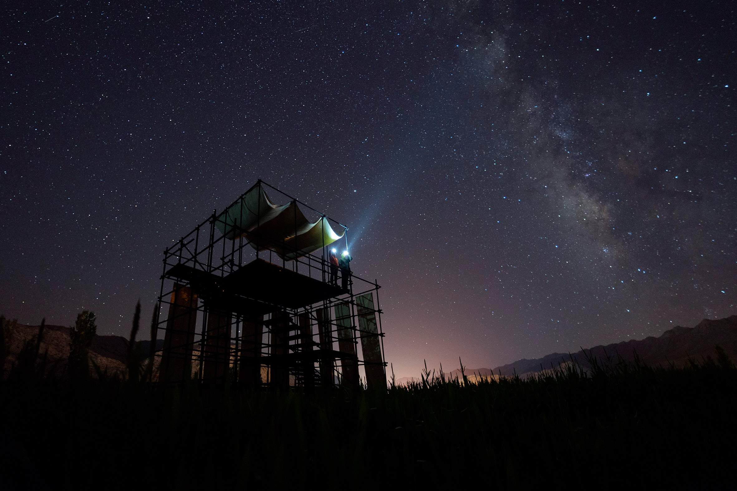 A platform on an eco-lodge at night