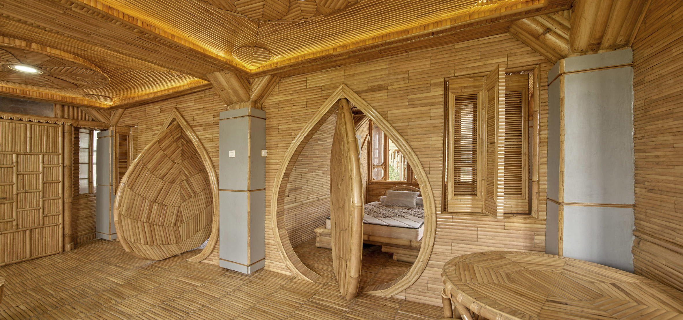 Walls, floors and ceilings were covered in bamboo throughout the structure