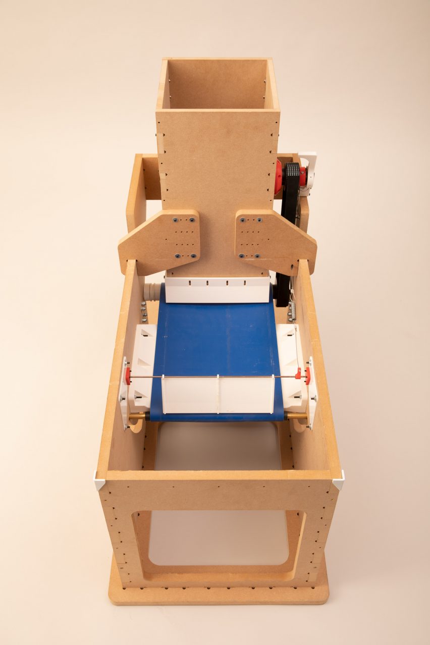 Prototype of Sandi toilet by Archie Read showing conveyor belt mechanism